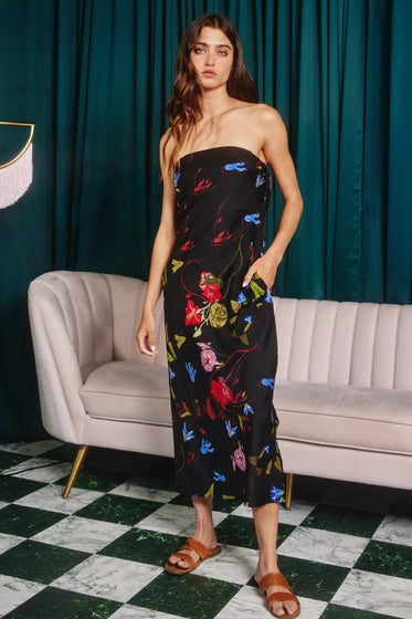 Open Back Floral Silky Strapless Midi Dress