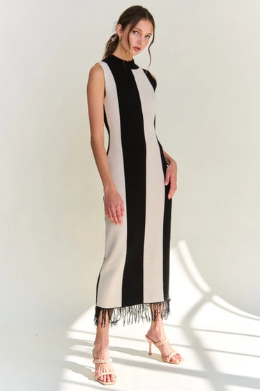 Black Fringe Color Block Maxi Dress