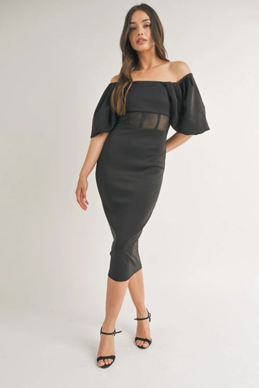 Puff Sleeve Off Shoulder Bodycon Midi