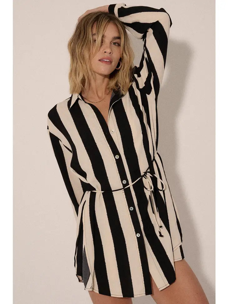 Striped Collar Neck Button Front Yoke Back Romper