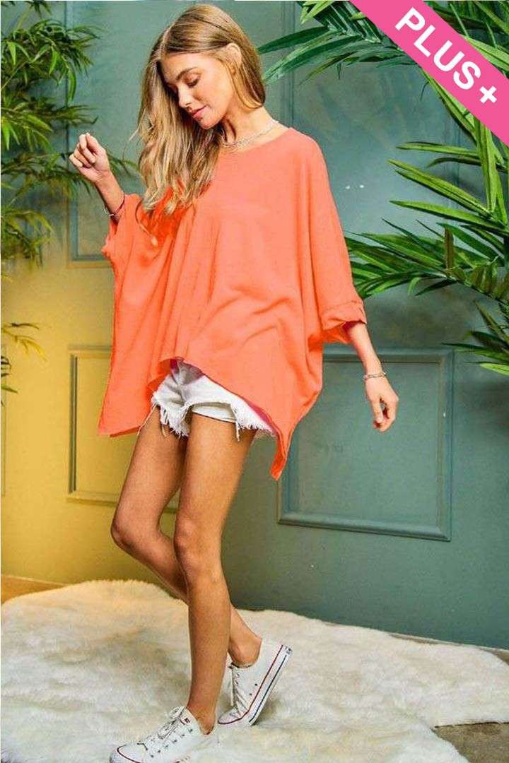 PLUS SOLID ROUND NECK LOOSE FIT KIMONO SLEEVE TOP